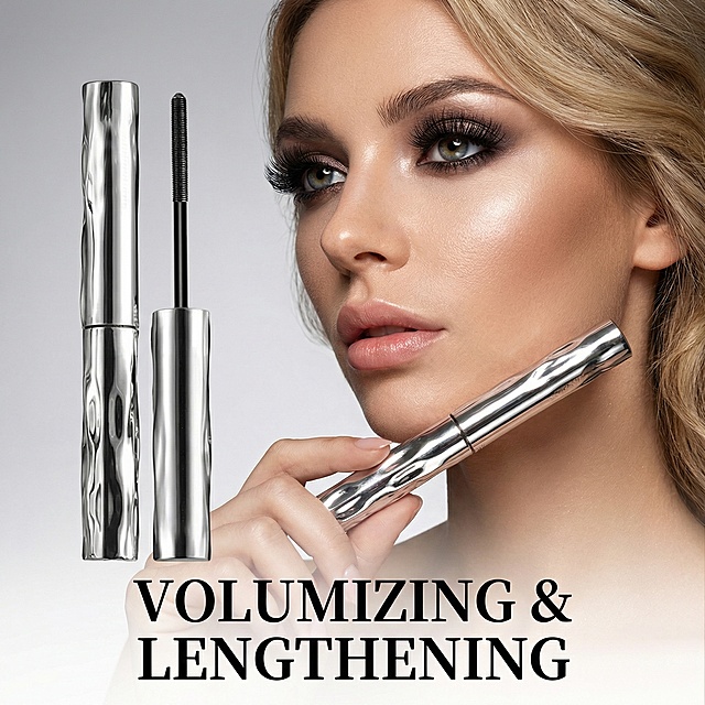 帮我生成图片：以图中的睫毛膏为元素,欧美女人使用睫毛膏让睫毛浓密纤长,防水持久防晕染,设计6张跟睫毛膏有关的图,物体主体特征不变，英语,比例 「1:1」