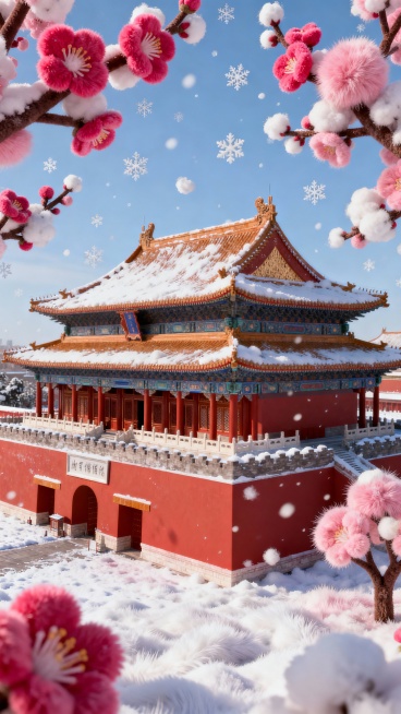 晴空万里的冬季北京故宫博物院，可以看到故宫的气势恢宏建筑，周围点缀多多梅花，天空下起了白雪，鸟瞰视角的全景预览效果