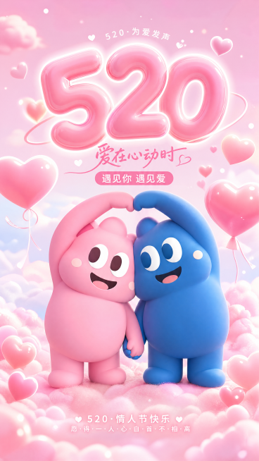 将粉色小熊和蓝色小熊组合在一起，创作一张520情人节宣传海报，浪漫温馨风格，画面中要有醒目的“520”文字，粉色云朵爱心背景，整体氛围甜蜜可爱，适合节日宣传预览效果