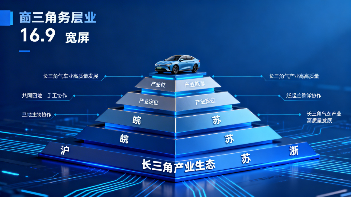 金字塔层级设计，底部四个层级分别对应沪皖苏浙四地，每个层级标注对应产业定位，逐层向上收拢，塔顶放置新能源汽车，体现四地分工协作共同托起长三角汽车产业高质量发展，底部基座写长三角产业生态，蓝色科技商务风预览效果