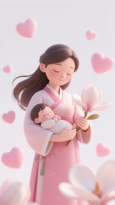 3D渲染风格，柔和的粉色与白色为主色调，温暖柔和的侧光效果，细腻光滑的材质质感，圆润可爱的人物造型，一位穿着传统服饰的母亲变换为站立姿态，左手轻轻托举着怀中熟睡的孩子，右手自然垂落轻抚一朵盛开的玉兰花，母亲的长发随风飘逸，周围环绕着大小不一的粉色心形和玉兰花，背景为纯净的白色，整体构图呈现温馨和谐的氛围，保留原有的柔和光影和细腻的3D质感。预览效果