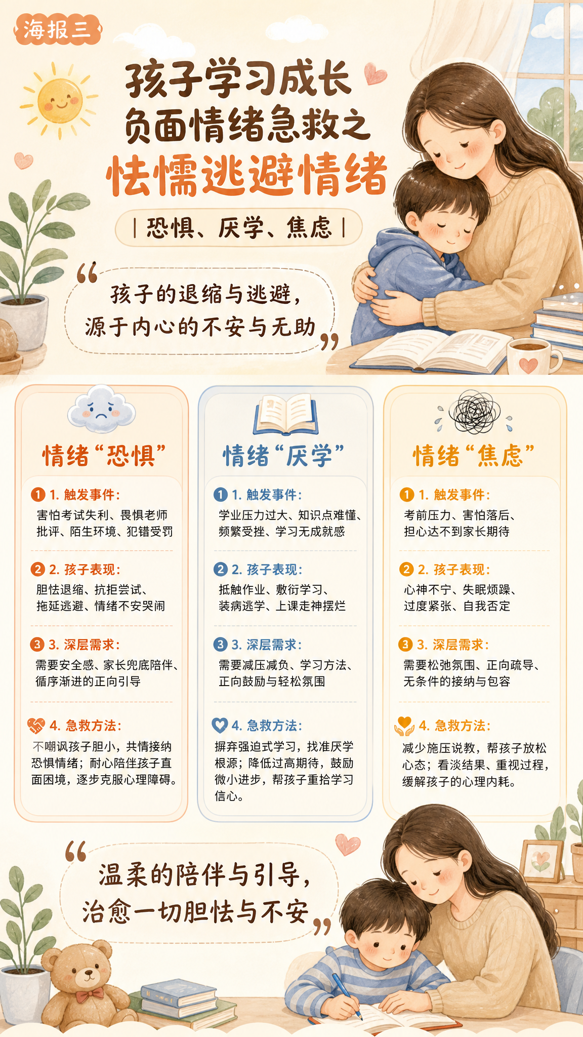 育儿知识宣传海报，主题为孩子学习成长负面情绪急救之怯懦逃避情绪… - 图片创意预览