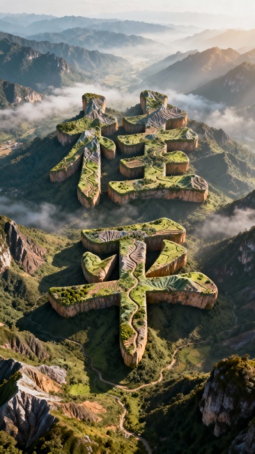 气势磅礴的"桂平"三维地形字俯瞰图，每个笔画由自然山体排列成字形，每座山峰带不同植被和沟壑细节，自然景观场景，晨雾在山谷间流动，使用大气散射营造景深预览效果