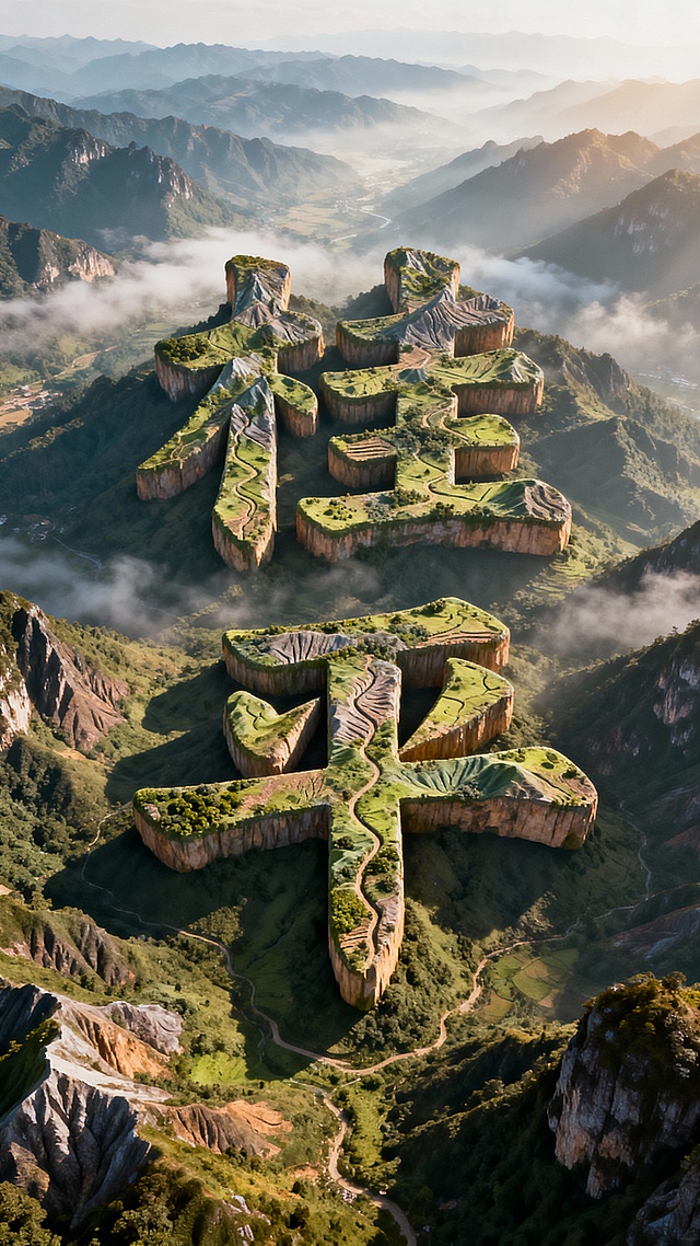 气势磅礴的"桂平"三维地形字俯瞰图，每个笔画由自然山体排列成字形，每座山峰带不同植被和沟壑细节，自然景观场景，晨雾在山谷间流动，使用大气散射营造景深