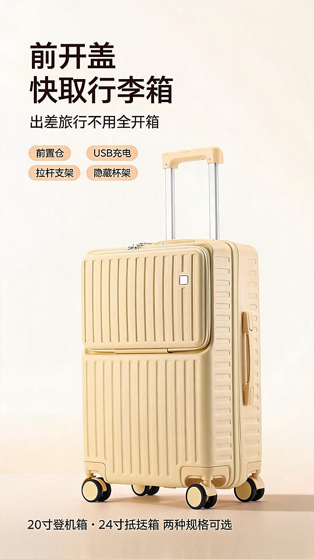 [第1张] 详情页首屏引流海报-奶油黄前开盖快取行李箱主视觉海报。本张使用【图1】作为商品主体。
[氛围/风格] 奶油风简约高级感，拼多多平台大字报风格，商业摄影质感，明亮通透。
[元素布局] 奶油黄色行李箱置于画面中下偏右，45°斜侧视角，拉杆拉出，占比约60%-65%；左侧大面积留白放标题区；背景为简约纯白渐变，底部浅米色台面，台面点缀柔和阴影；行李箱前置仓、竖条纹肌理、万向轮结构与输入图完全一致。
[光影质感] 左上方主柔光，右侧辅光补亮，底部自然投影，箱体表面高光柔和，质感细腻。
[配色色系] 全局底色 #FFFDF8（奶油白）；主色奶油黄 #F5E6C8；辅助色深棕标题 #5A4A3A；点缀色浅橘色标签。
[视角构图] 正面微仰视，产品为视觉中心，阅读动线左上标题 → 右侧产品 → 底部小字标注。
[文字版式] 版式为左上大标题 + 右侧产品 + 底部信息条。主标题「前开盖快取行李箱」，超大黑体加粗；副标题「出差旅行不用全开箱」，中号黑体，主标题下方；副标题下方4个圆角胶囊标签「前置仓」「USB充电」「拉杆支架」「隐藏杯架」；底部小字标注「20寸登机箱・24寸托运箱 两种规格可选」；文字不遮挡箱体主体。
[比例分辨率] 9:16 竖版比例，2K分辨率，文字清晰可辨，高清画质。
[负向提示词] 箱体变形，缺件错件，颜色偏差，水印，文字错乱，产品图模糊，背景杂乱，文字过小。