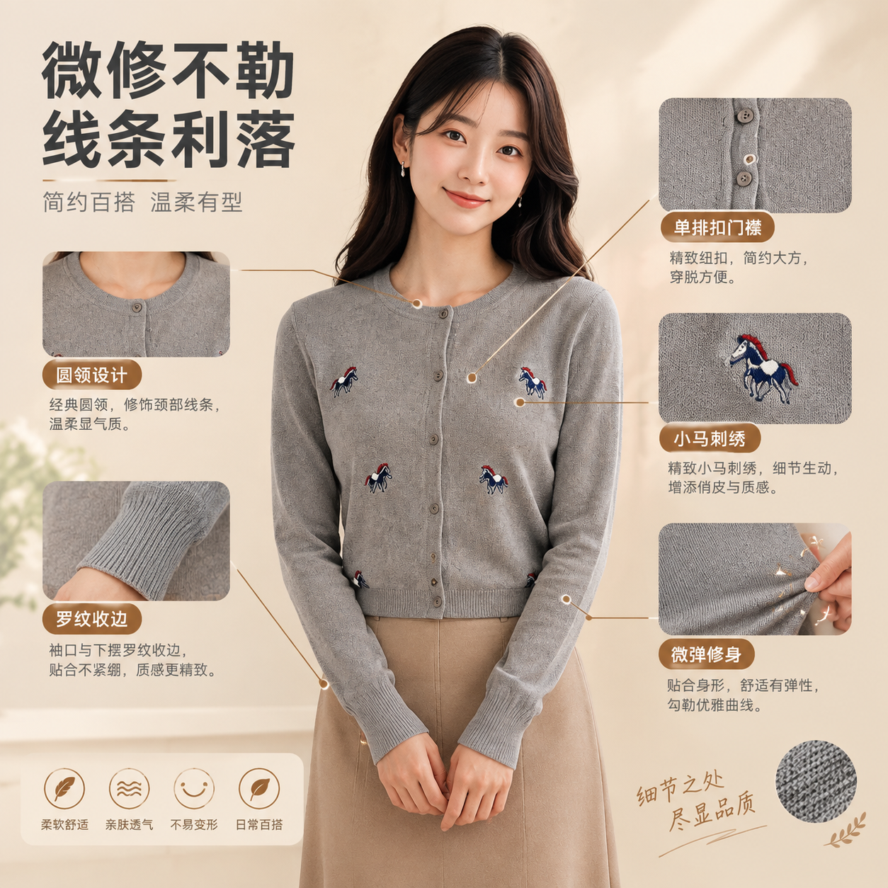 [商品] 使用【图3】灰色小马刺绣绵羊毛开衫；商品处理：保留圆… - 图片创意预览