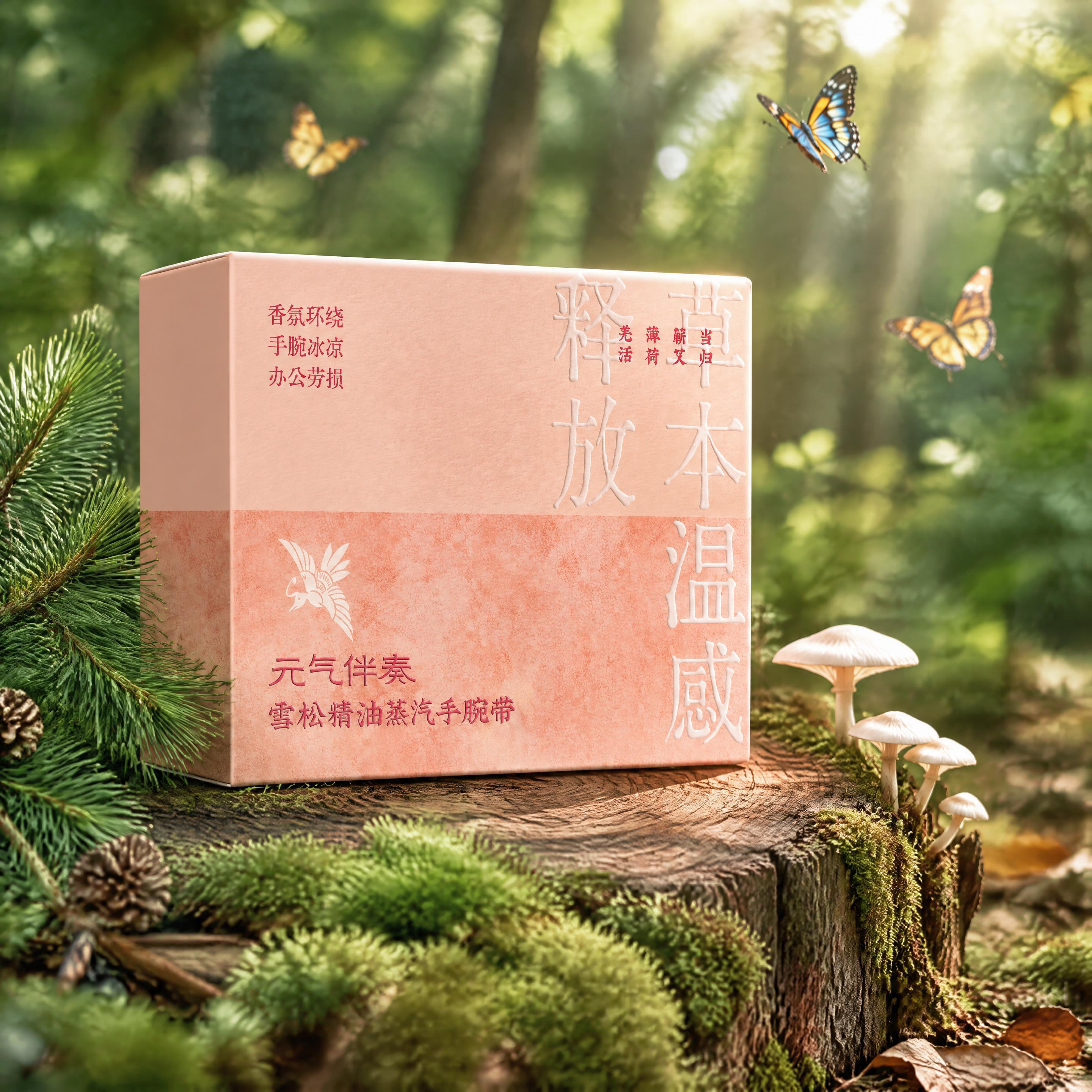 超写实商业产品摄影。 主体：元气伴奏雪松精油蒸汽手腕带产品包装… - 图片创意预览