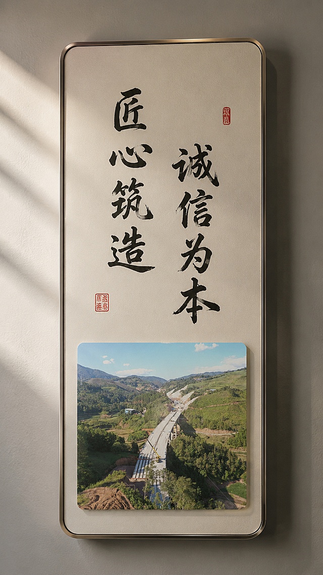 竖版企业文化墙展板，宽高比1:2，实物质感，圆角细金属边框有轻微厚度和高光，浅米色哑光底板有细腻材质纹理。上半部分两列竖向书法文字，左列"匠心筑造"，右列"诚信为本"，右列略低于左列错落排列，毛笔书法字体黑色墨韵有飞白笔触，角落有红色印章点缀。下半部分嵌入一张高速公路桥梁建设航拍照片，照片中是山间正在施工的大桥，有起重机和施工车辆，照片圆角处理，尺寸适当缩小留有边距，有轻微立体凸起和阴影，与展板底板有层次感。整体为真实实物展板效果，挂在墙面上，柔和侧光照射，边框有金属反光，真实立体有质感。超写实产品摄影。