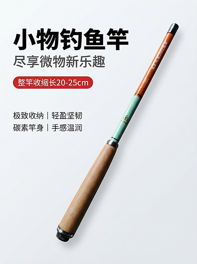 [垫图] https://gdesign-dam-hz.dancf.com/35942038403786838/65eb5328983b4b049efecc9d4530d890.jpg
[主图主题] 小物钓鱼竿卖点海报首图
[氛围/风格] 简约高清实拍风格，干净光线，拼多多直白高转化风格
[画面元素] 小物鱼竿斜放于画面右侧，左侧大面积留白放文案，背景为干净浅灰渐变，产品主体清晰完整，鱼竿木手柄和彩色涂装细节清晰展现，背景铺满全屏无边框
[配色色系] 主色调：浅灰背景；辅助色：吸取鱼竿本身的橙、绿、木色，文字使用深灰和产品同色系点缀
[视角构图] 平视视角，景深适中，左侧文字右侧产品，构图平衡，主体鱼竿占画面50-70%
[文字版式] 主标题 "小物钓鱼竿"，超大粗体黑字；副标题 "尽享微物新乐趣"，常规大小深灰字；红色圆角标签 "整竿收缩长20-25cm" 白字；卖点文案 "极致收纳 | 轻盈坚韧 | 碳素竿身 | 手感温润"，分两行排列，字体无衬线深灰，左对齐排版，文字悬浮留白区域，不遮挡主体，层次分明
[比例分辨率] 3:4 比例，2k 分辨率