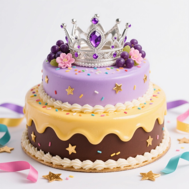 一个三层的生日蛋糕，底层为深棕色，中层为暖黄色，顶层为淡紫色，每层都覆盖着光滑的奶油，奶油边缘呈波浪状，上面点缀着彩色的糖屑和金色的星星装饰。蛋糕顶部有一个银色的皇冠，皇冠上镶嵌着紫色的宝石，周围摆放着紫色的葡萄和粉色的花朵。蛋糕周围有彩色的丝带和金色的星星装饰，背景为纯白色。预览效果