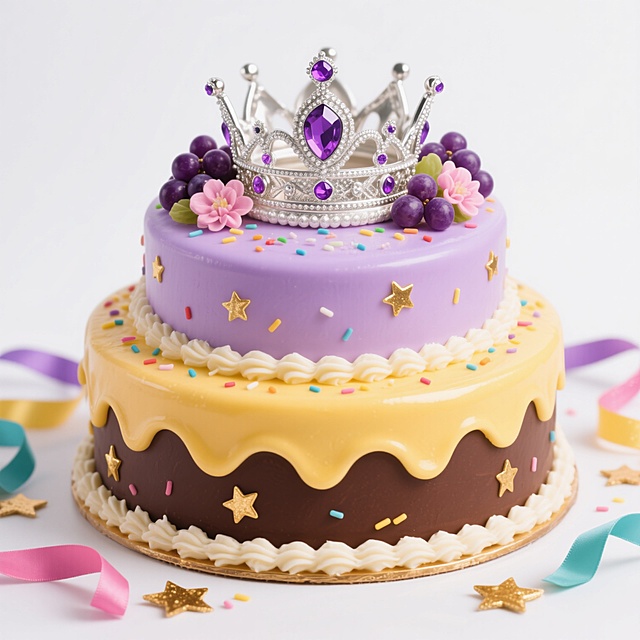 一个三层的生日蛋糕，底层为深棕色，中层为暖黄色，顶层为淡紫色，每层都覆盖着光滑的奶油，奶油边缘呈波浪状，上面点缀着彩色的糖屑和金色的星星装饰。蛋糕顶部有一个银色的皇冠，皇冠上镶嵌着紫色的宝石，周围摆放着紫色的葡萄和粉色的花朵。蛋糕周围有彩色的丝带和金色的星星装饰，背景为纯白色。