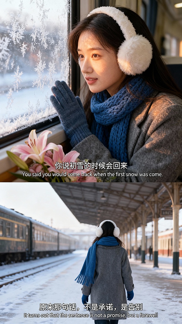 生成两宫格艺术感写真图，横向两宫格。场景为冬日车站。画面中有人物和参考图一致，身着灰色毛呢外套、搭配蓝色针织围巾与手套、佩戴白色毛绒耳罩的人物。最上面一张为超近景特写，凸显面部暖光光影。冬日车内场景图，人物靠近结满霜花的火车车窗，手部轻触玻璃，神情忧郁，望向窗外，身旁摆放着粉色百合花束，添加中英字幕“你说初雪的时候会回来 You said you would come back when the first snow was come”；下面一张远景，老式火车站背景，走在积雪道路上的人物背影，添加中英字幕“原来那句话，不是承诺，是告别 It turns out that the sentence is not a promise, but a farewell”。整体暖光光线，采用柯达胶片效果，两张图合成一个两宫格，字幕位于底部居中。