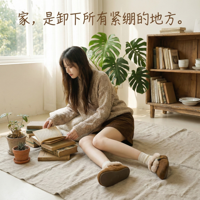场景： 铺着亚麻地毯的客厅。模特坐在地板上整理书籍或绿植，双腿随意伸展，鞋子半穿半脱，极致放松。

氛围文案： 家，是卸下所有紧绷的地方。预览效果
