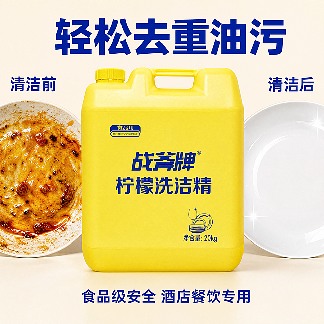 [主图-2] 核心卖点效果证明。保持产品外观（物理结构、材质质感、颜色）与输入产品图绝对一致，杜绝任何变形和色差，精细化处理。[氛围风格] 专业实用对比风格；[画质] 商业摄影质感、光线柔和通透、产品清晰真实、画面干净高级。[元素] 左右分栏对比构图，左侧为使用前沾满油污的餐盘，右侧为使用本品清洗后洁净光亮的餐盘，洗洁精产品主体居中竖放遮挡中间分界，商品主体占比约60%，画面满屏无边框。[光影] 均匀明亮无影光，左右光比一致，突出洁净对比效果。[配色] 背景浅米白，主体黄色，对比文字深蓝色。[视角构图] 平视左右对称对比构图。[文字版式] 顶部主标题大字 "轻松去重油污"，深蓝色粗体；左右分栏上方小字标注 "清洁前" / "清洁后"，底部文字 "食品级安全 酒店餐饮专用" 小字标注，对比清晰，文字不遮挡主体。[比例分辨率] 1:1 比例，4k 分辨率；文字清晰可辨，超高清。[负向提示词] 变形，水印，文字错乱，产品图模糊，背景杂乱。