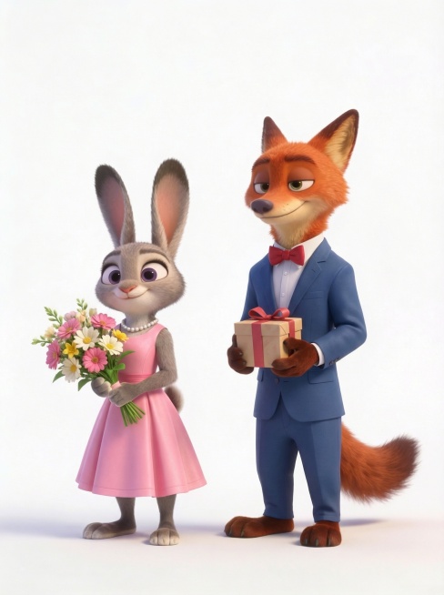 更改兔子朱迪和狐狸尼克的服装、配饰以及手上的东西，除此之外其他细节和参考图保持一致，包括动作、表情等细节。生成20张图，每张图的服装配饰和手上的东西都要不一样预览效果