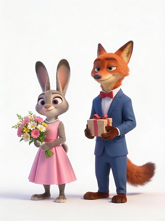 更改兔子朱迪和狐狸尼克的服装、配饰以及手上的东西，除此之外其他细节和参考图保持一致，包括动作、表情等细节。生成20张图，每张图的服装配饰和手上的东西都要不一样