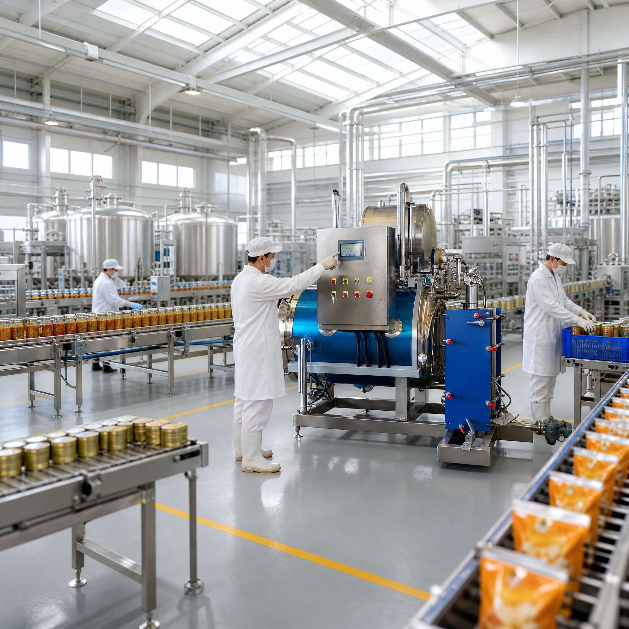 现代化食品杀菌工厂内部场景，宽敞干净明亮，层高很高，顶部有大面… - 图片创意预览