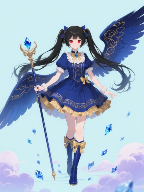 动漫风格插画，一位拥有黑色双马尾、红色眼眸的少女，变换造型为身着深蓝色与金色相间的洛丽塔裙装，手持镶嵌蓝宝石的权杖，背后展开带有金色纹路的深蓝色羽翼，脚穿深蓝色长筒靴配金色蝴蝶结，周围散落着蓝色水晶与淡紫色云朵状装饰，整体画面保持纯色背景，色彩和谐统一，光影柔和，展现出梦幻而优雅的氛围，线条流畅，细节精致，具有鲜明的二次元动漫美学特征。预览效果