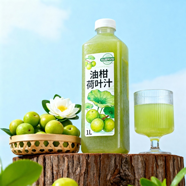 超高清商业产品宣传图，低角度平视视角，主体是一瓶 1L 装的绿色油柑汁饮料放置在原木展台上，左侧竹篮装满新鲜绿色油柑，并点缀白色荷花；包装瓶的右侧放着装满果汁的玻璃杯；包装瓶身贴有中文标签印有 “油柑预览效果