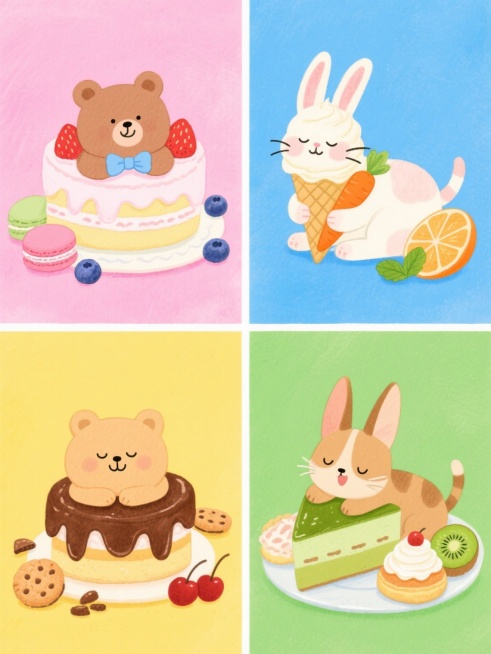 一系列4个水彩风格插画，每个插画中都有一个可爱的动物角色依偎在美味甜点旁，整体色彩变换为不同的纯色背景，保持水彩的透明晕染质感、柔和的光影过渡、细腻的笔触和温暖治愈的氛围，元素类目不变，每个画面分别展示：1. 粉色背景上，戴着蝴蝶结的小熊趴在草莓奶油蛋糕上，周围点缀着马卡龙和蓝莓；2. 蓝色背景上，抱着胡萝卜的小兔坐在香草冰淇淋甜筒旁，旁边有切片的橙子和薄荷叶；3. 黄色背景上，眯眼微笑的小猫……预览效果