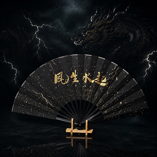 产品精修, 将墨绿色背景整体色调加深，保持扇子本身、金色文字、背景金龙轮廓和白色闪电元素完全不变，保持产品细节和角度不变，加深墨绿色背景饱和度，让整体色调更暗沉深邃，专业商业棚拍光, 5500K标准中性白光, 轮廓光, 体积光, 曝光正确, 强烈真实立体感, 提亮黑色/深色区域的结构层次, 拉开明暗过渡, 恢复部件边界、接缝、转折面和厚度关系, 避免一片死黑但保持原图深色属性, 接地处保留干净浅淡的自然接触阴影, 严禁大片投影、脏灰阴影和悬浮感, 主体居中, 商品完整入画不裁切, 商品外轮廓视觉体量约画面60%-80%, 四边均匀留白约10%-20%, 严禁满幅铺满与贴边顶满, 极致超清画质, 细节清晰锐利, 4K分辨率, 商业级实拍质感, 保留原图真实材质与结构细节, 严格锁定原图扇子本身的颜色和图案，不改变扇子内容，锁定原图商品轮廓、件数、部件位置、文字和可见功能细节, 只做精修不重绘结构, 扇面: 布艺/纺织质感自然, 织纹方向清晰, 纤维层次真实, 扇骨和支架: 木质/竹质纹理自然, 纹路方向和色差按原图保留, 正视图, 严格保持原图透视, 严禁扶正, 严禁镜像翻转, 比例1:1