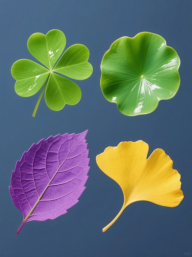 写实摄影风格，一组4个不同元素的规整排布系列素材集合，每个元素均采用高饱和度色彩、光滑表面质感、圆润边缘造型，纯色背景。包含：绿色四叶草（4片心形叶片，中央脉络清晰，高光点缀）、绿色荷叶、紫色紫苏叶、黄色银杏叶。每个元素色彩完全不同且鲜明亮眼，整体布局整齐有序，具有统一的视觉设计感和信息传达效率。