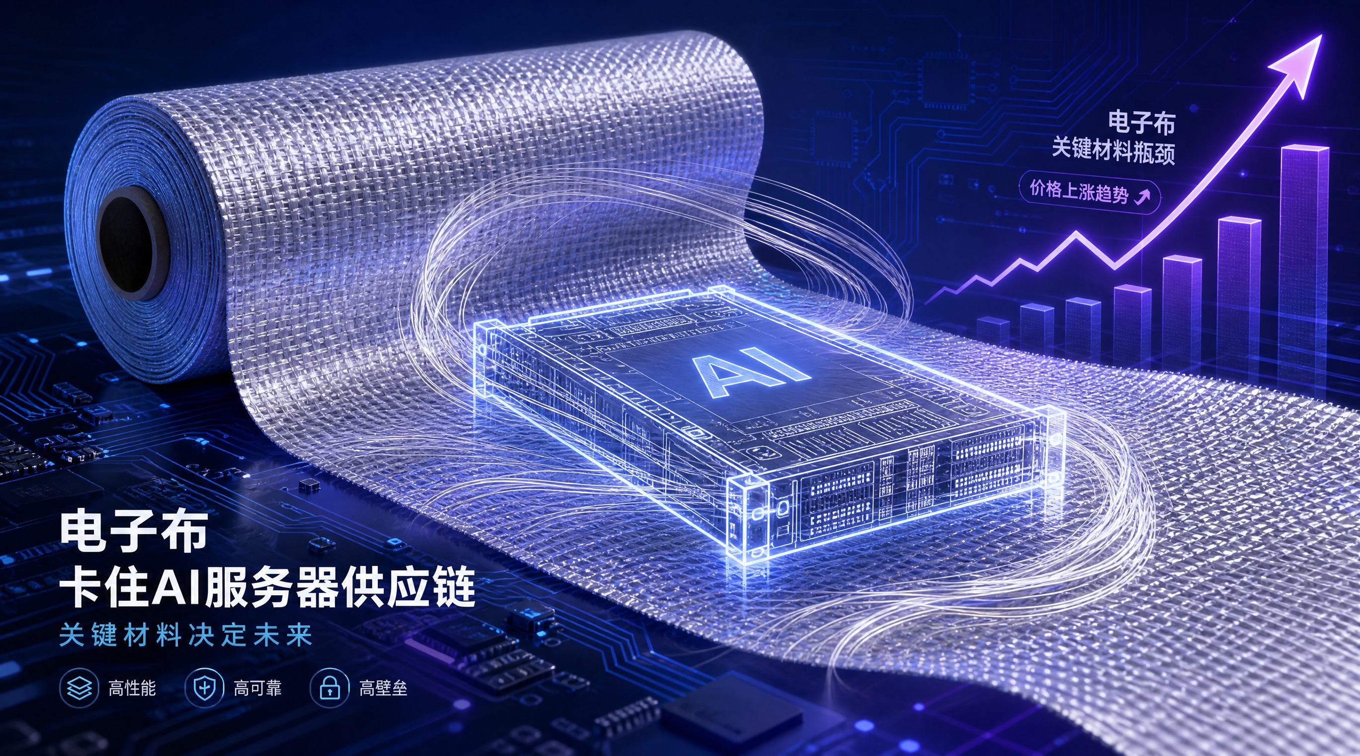 科技感封面图，主题为电子布卡住AI服务器供应链。画面中心是一卷… - 图片创意预览