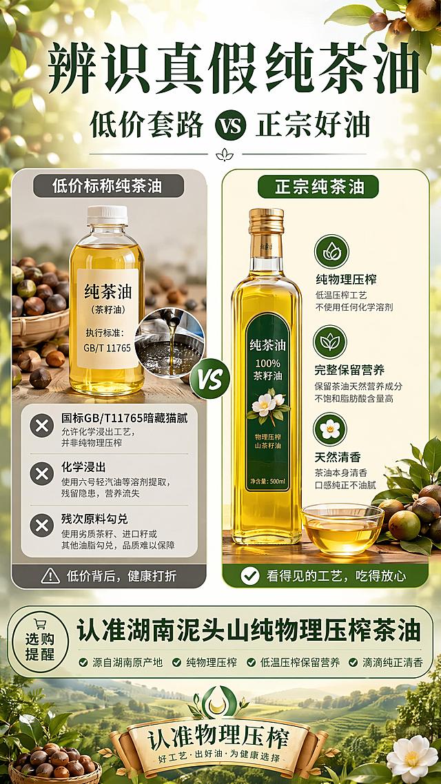 低价标称 “纯茶油” vs 正宗纯压榨纯茶油（彩页精简版）
一、标签套路：同标 GB/T11765，工艺藏猫腻
国标 GB/T11765 同时包含压榨、浸出两类茶油，低价油只大字写物理压榨，小字实为浸出精炼；部分暗藏勾兑，借统一标准混淆消费者，单看标签无法辨优劣。
二、生产工艺：成本差距根源
低价浸出茶油：化学溶剂萃取，出油率高、原料损耗少，生产成本低；精炼破坏角鲨烯、茶多酚等天然营养，无原生茶籽香。
纯压榨纯茶油：纯机械挤压，无化学溶剂，出油率低、原料损耗大；完整留存茶油活性营养，自带天然清香，可内服外用。
三、原料与定价：低价必有短板
20 斤鲜果仅榨 1 斤压榨纯茶油，采摘、压榨人工成本高，售价稳定；低价油多用残次茶籽、浸出粕料，甚至少量勾兑廉价植物油，靠低价抢占市场，扰乱行业价格体系。
四、使用价值：营养与场景天差地别
低价浸出油仅能基础炒菜，无护肤养护功效；纯压榨茶油烟点适中，适配母婴辅食、日常烹饪，还可外用舒缓，一瓶多用。
选购提醒
别只看标准与配料，重点看清明确标注 “压榨工艺”；远低于市场价的 “纯茶油” 多为浸出精炼油，一分品质一分价，认准湖南泥头山纯物理压榨茶油。

把以上内容生成一张海报
