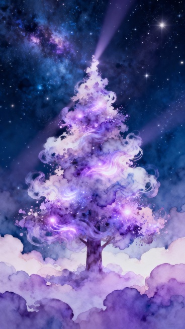 极光紫梦幻圣诞树：极光紫的圣诞树，树体由柔紫云雾光与薰衣草色发光微粒组成，生长在深蓝色太空背景的银河中，底部是淡紫云层，梦幻 CG 渲染，3D 超现实，粒子水彩风格，有丁达尔光效。预览效果