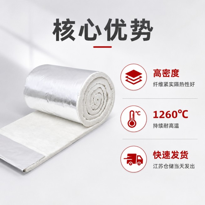 [主图-2] 陶瓷纤维毯核心卖点展示图
[氛围风格] 专业清晰，突出材质性能
[画质] 商业摄影质感，细节清晰，干净通透
[元素] 保持产品材质与输入图片一致，左侧放置完整卷状产品主体，右侧分三个模块预览效果