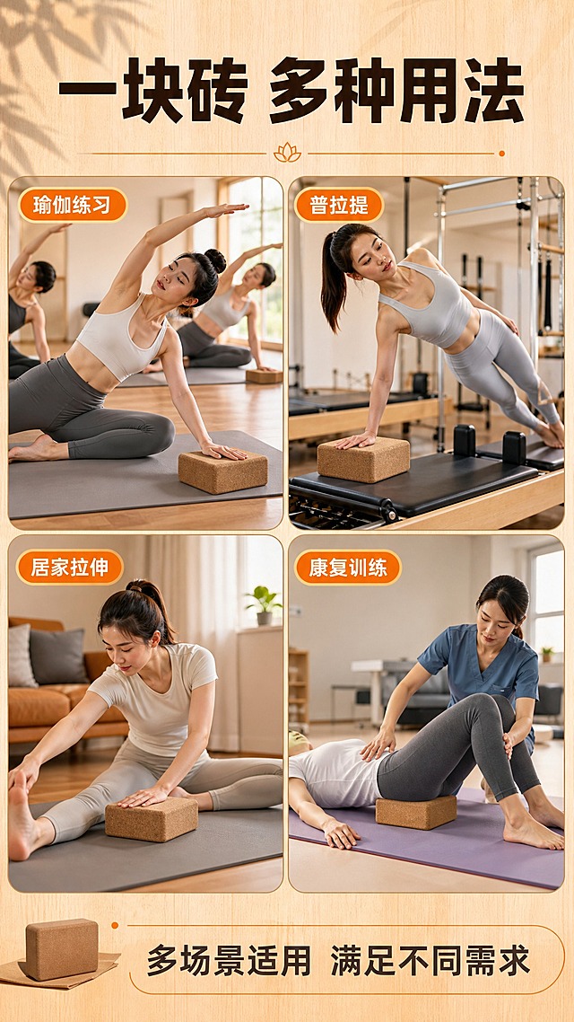 [商品] 使用【图1】天然软木瑜伽砖；保留长方体造型、圆角边缘、软木棕褐色材质纹理；每个场景格中都有瑜伽砖，保持产品原貌。
[画面] 第6张·多场景拼贴型，目标是展示多场景适用能力。四宫格拼图布局，2×2排列，每格一个场景：左上瑜伽课场景、右上普拉提器械场景、左下居家拉伸场景、右下康复训练场景。每个场景中都有瑜伽砖作为道具。顶部大标题区，底部总结语。
[视觉] 套系策略：风格=拼多多接地气运动风商业摄影；标题字=粗黑体大字报风格；正文字=清晰无衬线黑体；主色=暖木棕；背景延展=基于暖木棕做深浅渐变、同色系层次、木质纹理和瑜伽场景质感；强调色=活力橙，仅用于小面积标签、图标和重点高亮；标题色=深棕黑；正文色=暖深灰；组件=圆角信息卡、粗线条引线、胶囊标签；光影=左前侧暖柔光，产品立体感强。
[文字] 顶部主标题"一块砖 多种用法"，四格分别标注场景名："瑜伽练习"、"普拉提"、"居家拉伸"、"康复训练"，底部副标题"多场景适用 满足不同需求"，文字横向排版。
[规格] 图片比例9:16竖版，4K，避免变形、错字、文字过小、场景混乱、产品颜色改变、极限词。
