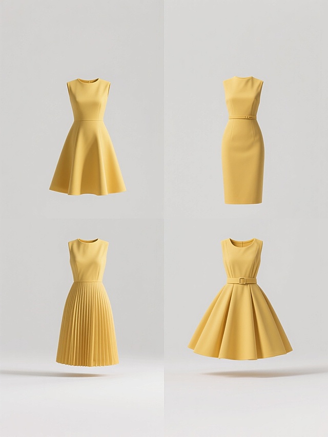 简约现代风格的服装展示图，纯白色背景，四个不同款式的女士裙子规整排布成2x2网格布局，每个裙子独立居中展示，保持原图中黄色连衣裙的写实质感、光滑面料的光影反射效果和清晰的剪裁细节，所有裙子均为无袖设计，分别呈现不同的裙型（如A字裙、直筒裙、百褶裙、伞裙）和腰部设计（腰带、收腰、自然腰等），整体造型简洁大方，无任何文字、logo、水印或装饰元素，画面干净利落，突出服装本身的形态与质感。
