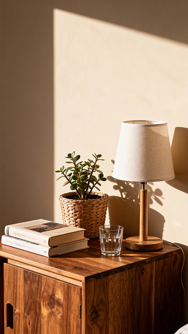 背景素材，木质桌面旁边搭配书本。编织盆栽、玻璃杯、台灯装饰桌面，背景为浅米色墙面（投射出柔和光影）。温馨治愈的室内静物摄影风格，复古感氛围，画面整体为暖色调，以原木棕、米白、浅褐为主。
