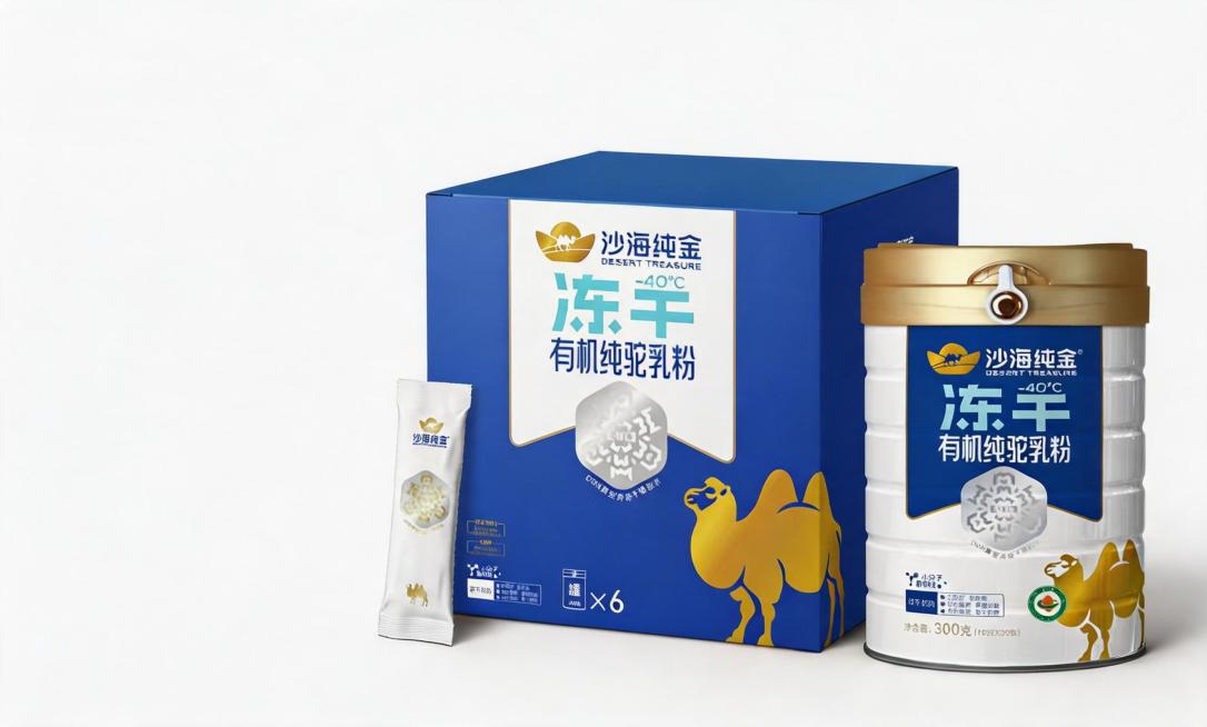 去掉图片中的背景，只保留沙海纯金冻干有机纯驼乳粉的包装盒、罐装产品和袋装产品，去除后方的人物和木质桌面背景，背景改为纯白色预览效果