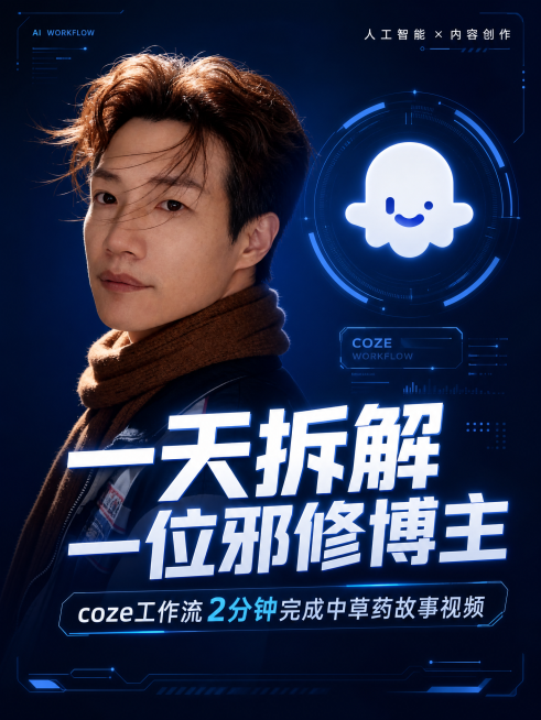 抖音视频封面，尺寸比例3比4，极简未来AI人工智能风格，融合图片素材人物和幽灵图标，添加文字"一天拆解一位邪修博主，coze工作流2分钟完成中草药故事视频"，深蓝色简洁科技背景，文字干净利落预览效果