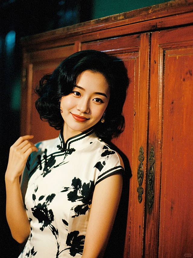 夜晚，一个女生（穿白底黑色水墨印花旗袍，手推波发型）倚在老式红木衣柜前，韵味十足的抚摸头发，看镜头。
