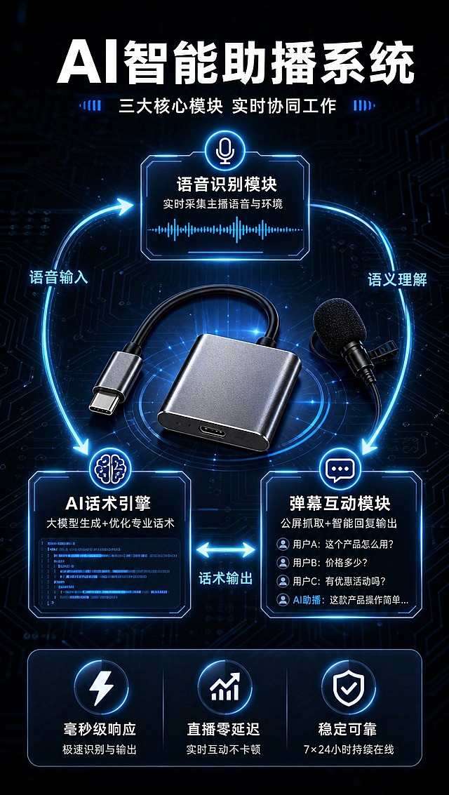 [商品] 使用【图1】星选AI助播器；保留金属银灰色主机、Type-C接口、领夹麦克风的外观结构和颜色；主机居中作为核心节点，保持真实质感。
[画面] 目标：展示AI助播工作原理，建立技术信任。构图：系统路径型，产品主机居中，四周用发光线条连接三大模块形成闭环路径。背景：深黑科技底，蓝色数据流动光效，电路板纹理隐约可见，营造AI算法科技感。顶部标题区，中部技术路径图，底部2-3个技术收益点。
[视觉] 套系策略：风格=深色科技感商业数码摄影；标题字=现代无衬线粗黑体；正文字=简洁无衬线体；主色=深炭黑+金属银灰；背景延展=深黑底+电路板纹理+蓝色数据流光效；强调色=荧光蓝，仅用于数据流线条、节点光效和技术标签；标题色=纯白；正文色=浅灰白；组件=发光节点、数据流动线、半透明技术模块卡片；光影=中心向外辐射光+产品轮廓光，科技感强烈。
[文字] 顶部主标题：「AI智能助播系统」；副标题：「三大核心模块 实时协同工作」；三大模块：1.「语音识别模块」实时采集主播语音与环境 2.「AI话术引擎」大模型生成+优化专业话术 3.「弹幕互动模块」公屏抓取+智能回复输出；底部技术收益：「毫秒级响应 直播零延迟」。文字均横排，路径标签清晰。
[规格] 图片比例9:16竖版，4K分辨率，避免变形、错字、文字过小、白底、产品结构改变、虚假技术承诺。