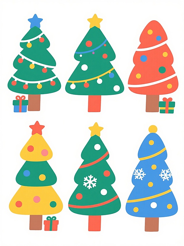 六个不同样式、不同配色、不同装饰的圣诞树，白色背景，排列整齐，采用卡通扁平风格，色彩明快鲜艳，线条简洁流畅，每个圣诞树都有独特的装饰元素，如不同颜色的星星、彩灯、礼物盒、雪花等，整体构图平衡对称，充满节日氛围。