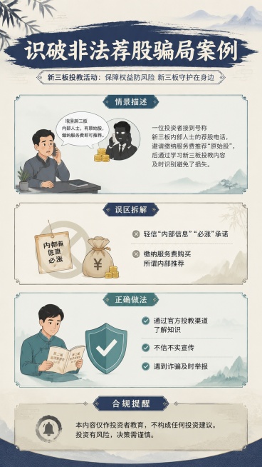 生成一张金融行业每日常态化理性投教海报，物料类型为案例分析，主题为新三板投教活动：保障权益防风险 新三板守护在身边，面向通用投资者，标题：识破非法荐股骗局案例，情景描述：一位投资者接到号称新三板内部人预览效果