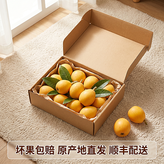 [主图 5] 云霄早钟枇杷服务承诺展示。
[氛围风格] 温馨舒适家居治愈风；整体风格光影配色和首图统一；
[画质] 商业摄影质感、光线柔和通透、产品清晰真实、画面干净高级，超高清。
[元素] 整箱带包装的云霄早钟枇杷打开，露出里面新鲜带叶的果实，整齐摆放，旁边放着两颗完整果实展示，整体放置在干净地毯上。商品主体占比严格控制在 70% 左右，画面满铺无边框。
[光影] 柔和自然光均匀照亮箱体和果实，包装和果实纹理清晰，阴影柔和。
[配色] 牛皮纸包装浅棕色，搭配果实暖金黄色和浅米地毯，自然温馨。
[视角构图] 平视俯视角度，展示整箱包装，景深适中，整体完整。
[文字版式] 底部设置半透明悬浮条，两端留空，横向排列服务文案：坏果包赔 原产地直发 顺丰配送，深棕色文字，白色描边对比清晰，不遮挡主体，文字占比小于30%。
[比例分辨率] 1:1 比例，2048px × 2048px，2k 分辨率；文字清晰锐利，画面超高清。
[负向提示词] 变形，水印，文字错乱，产品模糊，背景杂乱，绝对化违禁词，夸大描述。