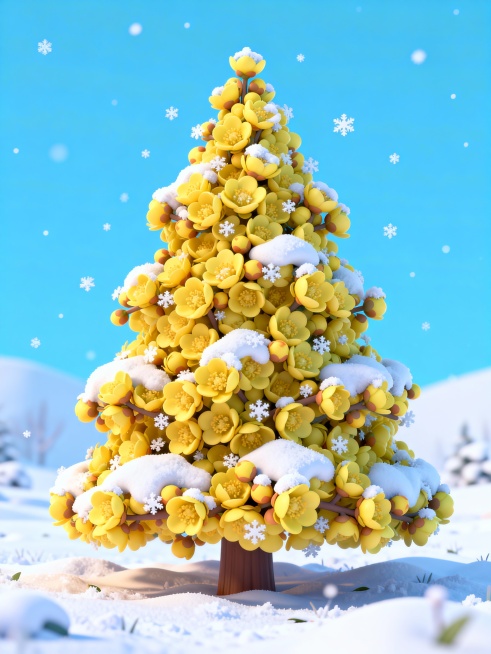 带雪的黄色腊梅花花朵堆积而成的圣诞树。背景是清冷的雪景。3D卡通风格，高清渲染预览效果