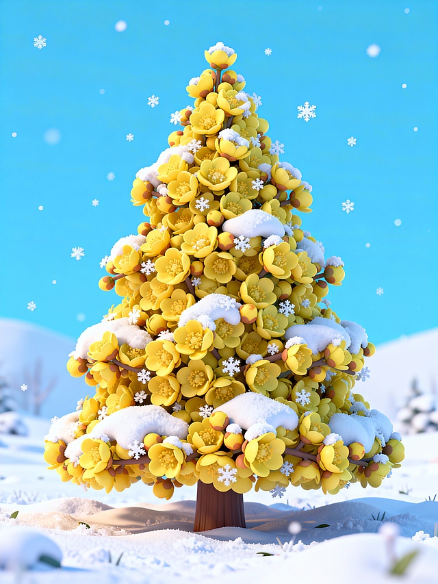 梦幻感软3D风雪中绽放的金梅树，清新可爱，虚拟自然与粘土质感融合，冬日童话氛围浓厚。