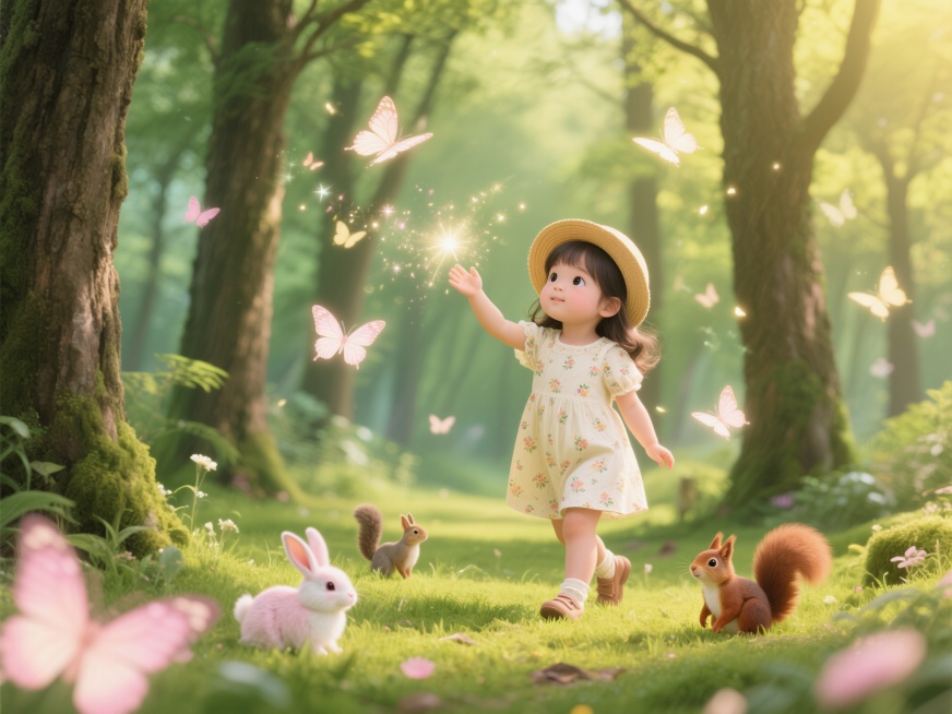 这是一个梦幻世界，整体为黄绿色调，画面清晰锐利。一位身穿米白色连体碎花裙的可爱女孩正走在梦幻的深林里面，戴着圆圈帽，四处观望。周围有绿油油的参天大树和茵茵小草，粉嘟嘟的兔子、可爱的棕色松鼠等多种动物围预览效果