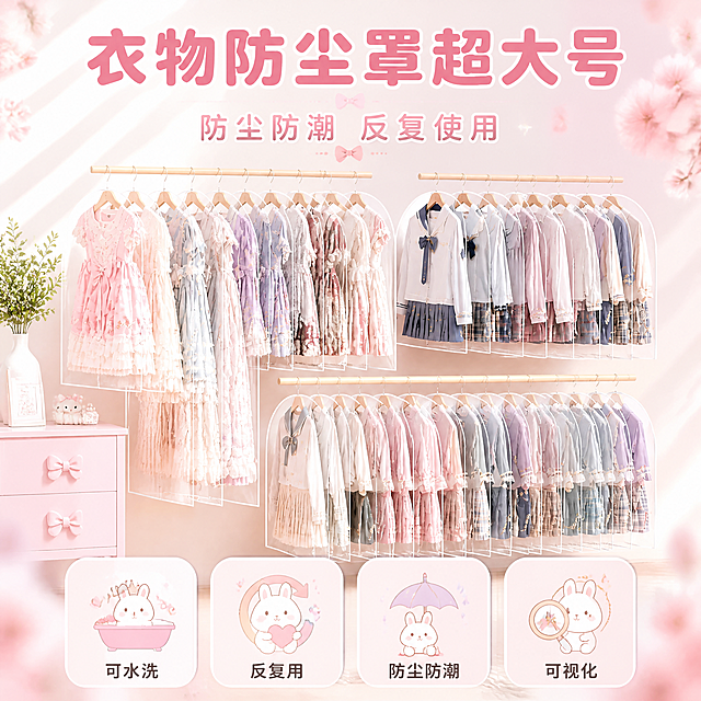 可爱少女心风格衣物防尘罩详情页头图海报。画面顶部大标题写着"衣物防尘罩超大号"粉色圆润粗体字，副标题"防尘防潮 反复使用"。中上部展示多排悬挂的透明衣物防尘罩，里面挂满洛丽塔裙装和JK制服，防尘罩透明质感清晰可见。左侧有粉色蝴蝶结装饰的收纳柜和白色花瓶绿植。底部四个圆角方形卖点图标分别写着"可水洗""反复用""防尘防潮""可视化"，每个图标内有可爱兔子图案。粉紫马卡龙色调，温馨甜美氛围，商业摄影质感。浅粉白背景，樱花粉为主色，薰衣草紫和奶油黄点缀。左上方柔和自然光，整体明亮通透。9:16竖版，高清4K画质，文字清晰可读。