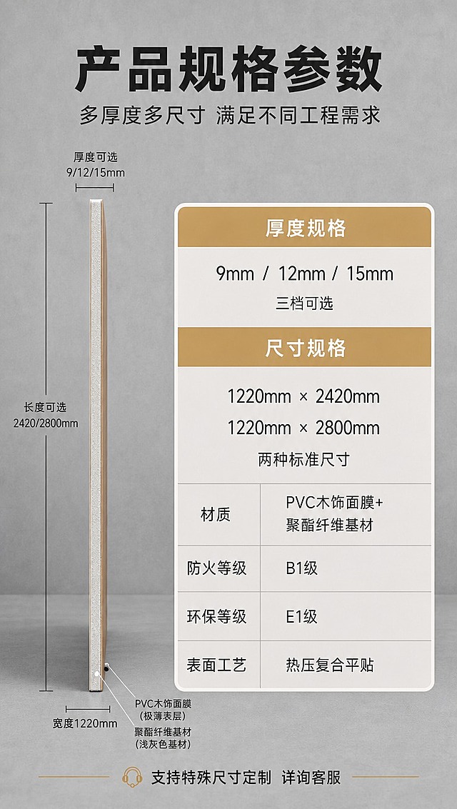 [商品] 使用【图2】产品规格参数页侧面板材图；修正为薄款板材，整体厚度明显变薄，比例协调，侧边可见表层极薄PVC木纹膜+聚酯纤维基材的薄型结构，保留浅灰基材色和表层木色PVC膜质感；商品处理：保留左侧尺寸引线标注，将板材整体厚度减薄约60%，呈现薄板形态，PVC膜层薄而清晰。
[画面] 第五屏产品参数规格介绍，目标是清晰呈现厚度与尺寸规格供B端选型。左侧薄款板材侧立小图占25%带尺寸引线，右侧为规格参数表；背景为中灰色工业风，表格清晰易读。
[视觉] 套系策略：风格=沉稳大气B端工业风商业摄影；标题字=粗黑无衬线黑体；正文字=简洁无衬线中黑体；主色=深炭灰+胡桃木棕；背景延展=中灰到浅灰渐变，带细腻水泥质感；强调色=暖金色，仅用于表头和重点标注；标题色=深炭灰；正文色=深灰色；组件=浅色圆角参数表、细金色表头、规整表格线；光影=均匀柔光，保证表格文字清晰可读。
[文字] 顶部主标题"产品规格参数"，副标题"多厚度多尺寸 满足不同工程需求"；参数表分两部分：【厚度规格】9mm / 12mm / 15mm 三档可选；【尺寸规格】1220mm×2420mm / 1220mm×2800mm 两种标准尺寸；补充参数：材质=PVC木饰面膜+聚酯纤维基材、防火等级=B1级、环保等级=E1级、表面工艺=热压复合平贴；底部标注"支持特殊尺寸定制 详询客服"，文字全部横排。
[规格] 图片比例9:16竖版，4K分辨率，避免变形、错字、文字过小、冷蓝背景、板材过厚、PVC膜呈现厚木皮感、结构失真、极限词。