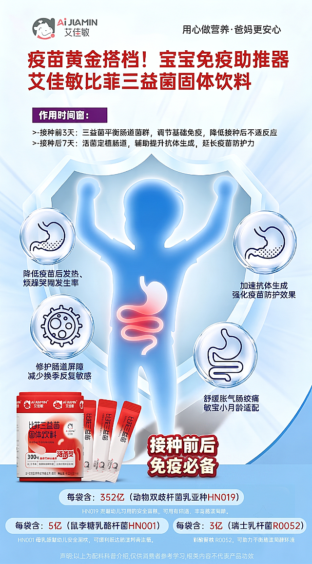 将图片底部的文字“接种前后，必备免疫调理款”改成“接种前后免疫必备”，其他内容和设计风格保持不变