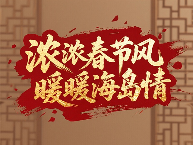文案“浓浓春节风，暖暖海岛情”，金色字体，红棕色背景，红金，中式