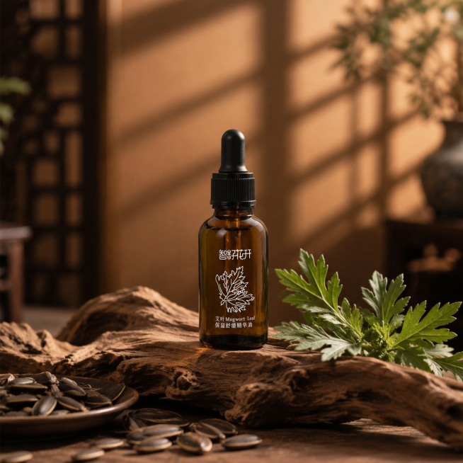 参考image1的中式复古木质场景光影风格，将image2的精华油瓶放置在沉木上，周围搭配艾叶和向日葵籽，保留瓶子原有的标签文字和图案设计，保持产品清晰，整体氛围温暖自然，中式国风摄影预览效果