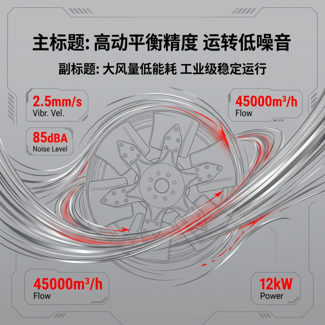 1:1 竖版正方形电商主图，无需完整展示产品全貌，以性能数据可视化创意设计，1:1 竖版构图；简约科技风工业排版，背景为低调几何科技线条底纹，中间放置简约风机叶轮线稿图形，搭配动态气流线条可视化展示风预览效果