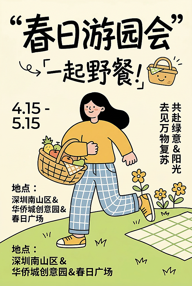 同类型春日活动海报，极简涂鸦插画风格，粗体手绘字体，暖黄浅绿清新配色，可爱卡通扁平人物，活泼出游主题，保持和参考图一致的设计风格